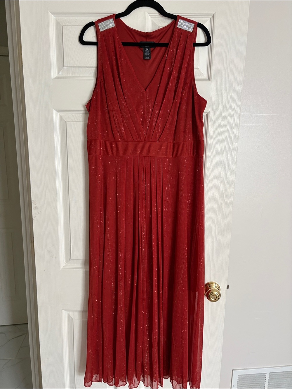 Sleeveless Burnt Orange Midi Dress with Sparkle Shoulder Detail